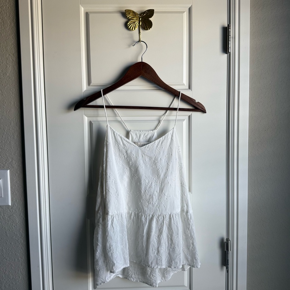 LOFT White Embroidered Spaghetti Strap Babydoll Tank Top Size Medium